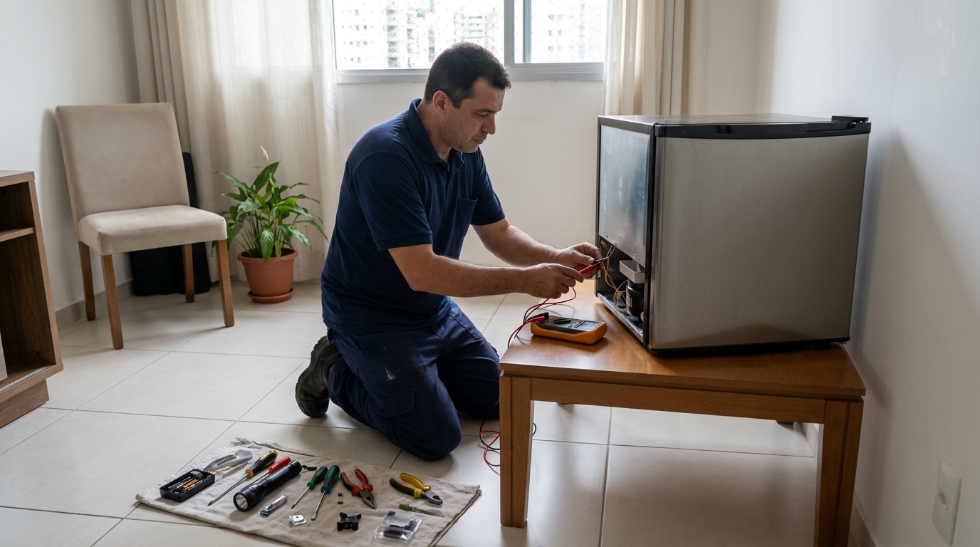 Técnico de conserto de frigobar em residência no Apicum, São Luís‑MA